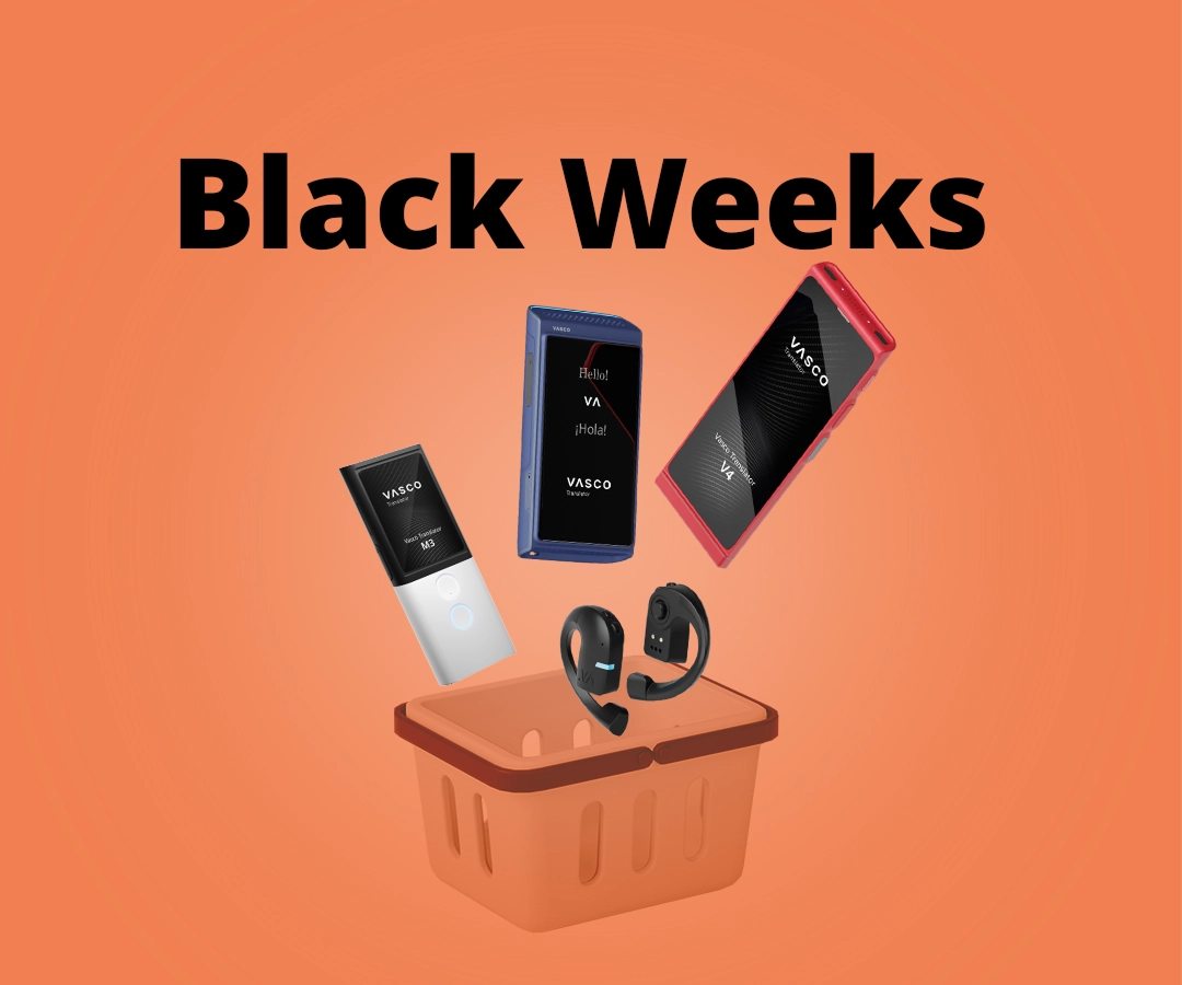 Vasco V4-, Q1-, M3- og E1-oversættere falder ned i en indkøbsvogn på en orange baggrund. 